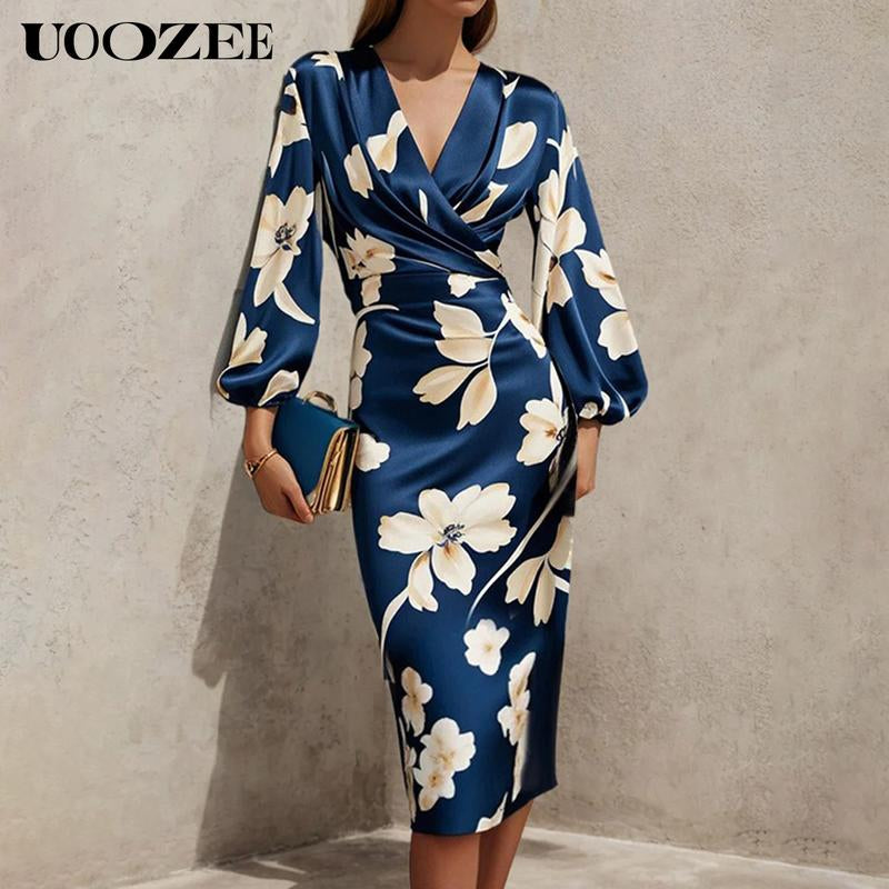UOOZEE High-End Satin Print Dress for Women'S Fashion, Deep V-Neck, Cinched Waist, Slimming Lantern Sleeves, Temperament, Commuting Mid Length, Hip Hugging Skirt