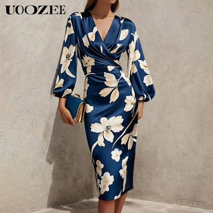 UOOZEE High-End Satin Print Dress for Women'S Fashion, Deep V-Neck, Cinched Waist, Slimming Lantern Sleeves, Temperament, Commuting Mid Length, Hip Hugging Skirt
