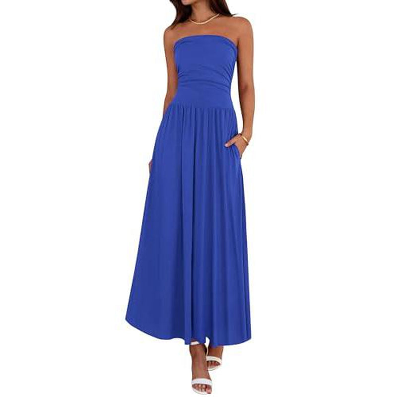 BTFBM Women Strapless Tube Top Dress Summer 2025 Sleeveless Ruched Flowy Cocktail Wedding Guest Maxi Dresses with Pocket