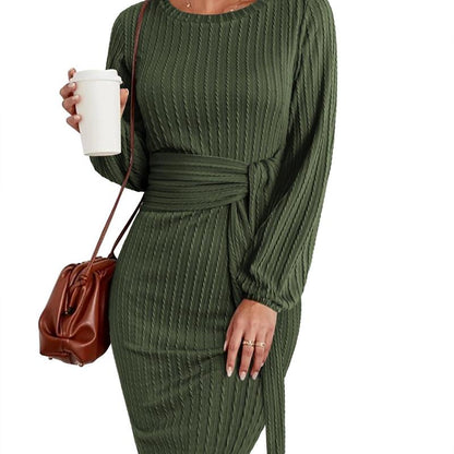 Women'S Elegant Knit Dress Long Lantern Sleeve Fall Bodycon Crewneck Tie Waist Rib Knitted Sweater Dresses Basic Chic Minimalist Sizes Run Small Petite