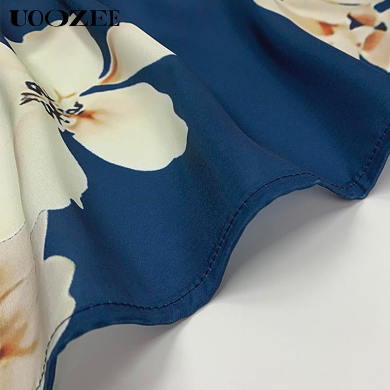 UOOZEE High-End Satin Print Dress for Women'S Fashion, Deep V-Neck, Cinched Waist, Slimming Lantern Sleeves, Temperament, Commuting Mid Length, Hip Hugging Skirt