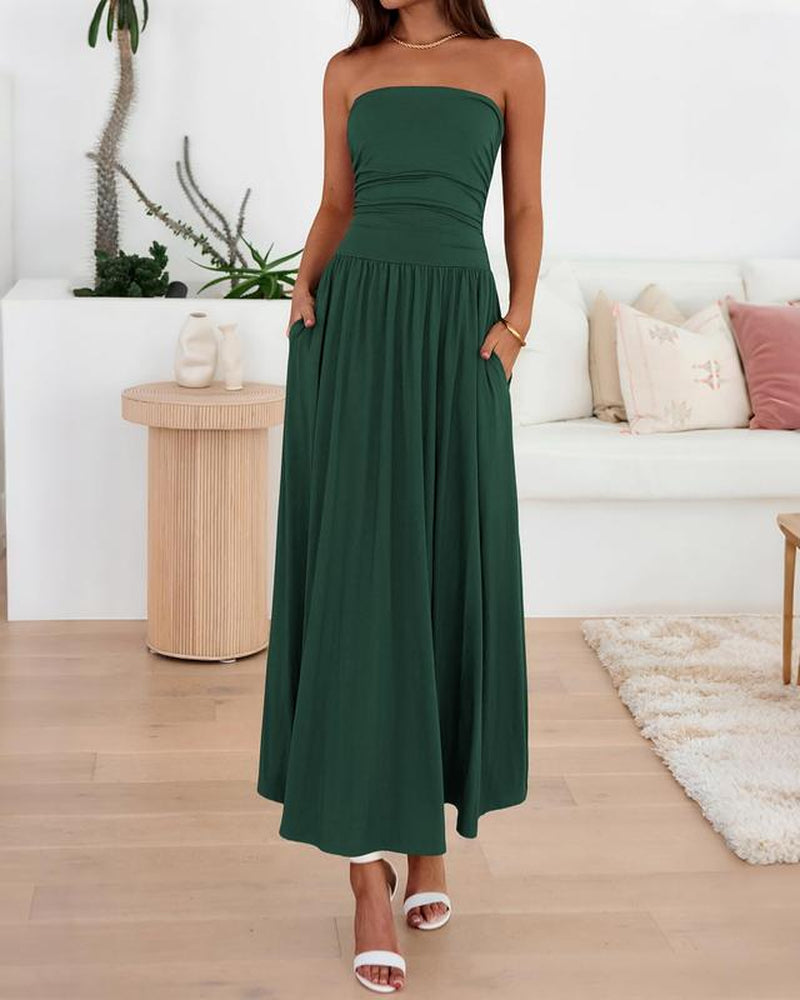 BTFBM Women Strapless Tube Top Dress Summer 2025 Sleeveless Ruched Flowy Cocktail Wedding Guest Maxi Dresses with Pocket