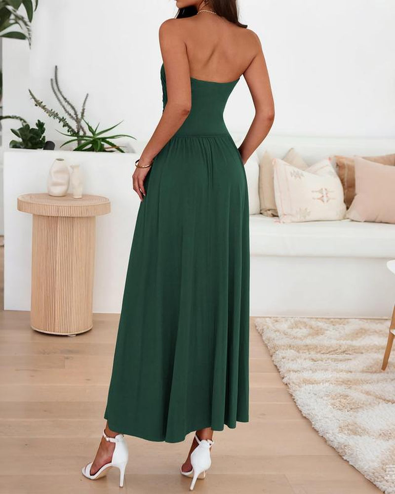 BTFBM Women Strapless Tube Top Dress Summer 2025 Sleeveless Ruched Flowy Cocktail Wedding Guest Maxi Dresses with Pocket
