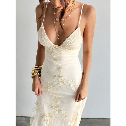 Aloruh Women'S Wedding Season Sexy Elegant Deep V Ruched Bust Embroidered Fitted Waist Romantic Embroidered Maxi Dress Honeymoon Outfits Woman Women Wedding Guest Dress Island Vacation Outfits Look Summer Dresses for Women Wedding Guest Dress Women Sun