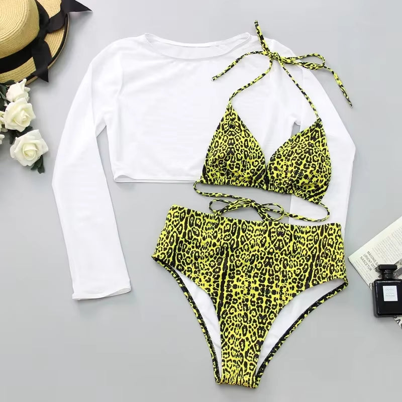Sexy Neon Orange Bikini 2023 Women Long Sleeve Mesh Cover up 3 Piece Swimsuit High Cut Push up Bathing Suit High Waist Swimwear