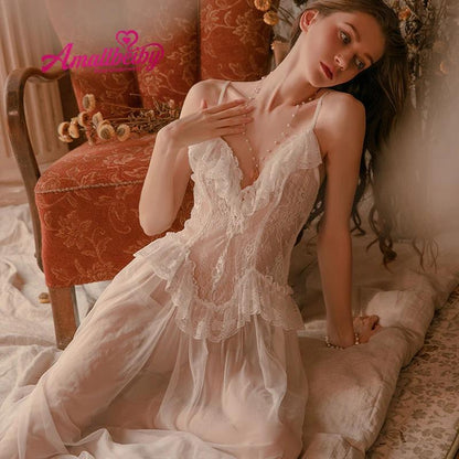 Palace Style Lingerie Set with Robe Mesh Pajamas Sexy Night Dress Sleepwear Set Perspective Nightgown Long Robe Winter New