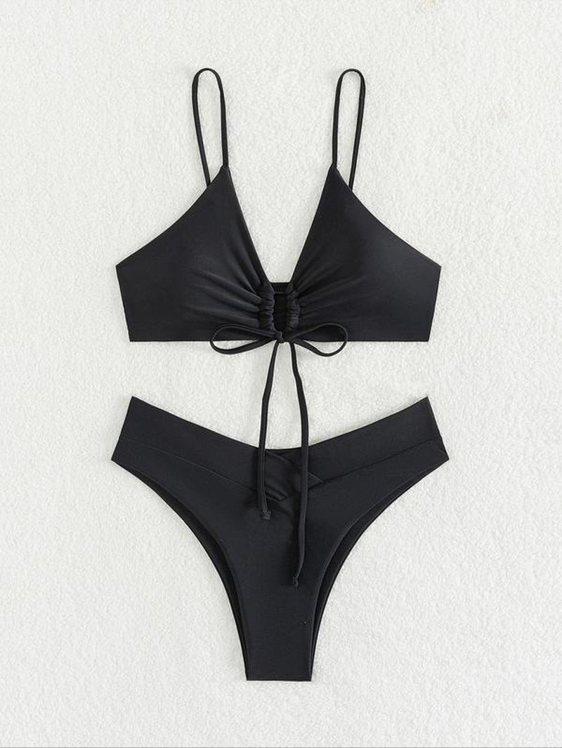 Women'S Solid Drawstring Ruched Wrap Bikinis Set, Adjustable Strap Swim Top & High Cut Swim Bottom, Ladies Swimsuit for Summer Beach Holiday Vacation