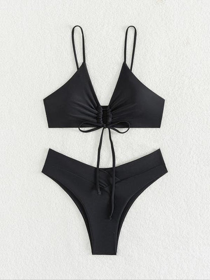 Women'S Solid Drawstring Ruched Wrap Bikinis Set, Adjustable Strap Swim Top & High Cut Swim Bottom, Ladies Swimsuit for Summer Beach Holiday Vacation