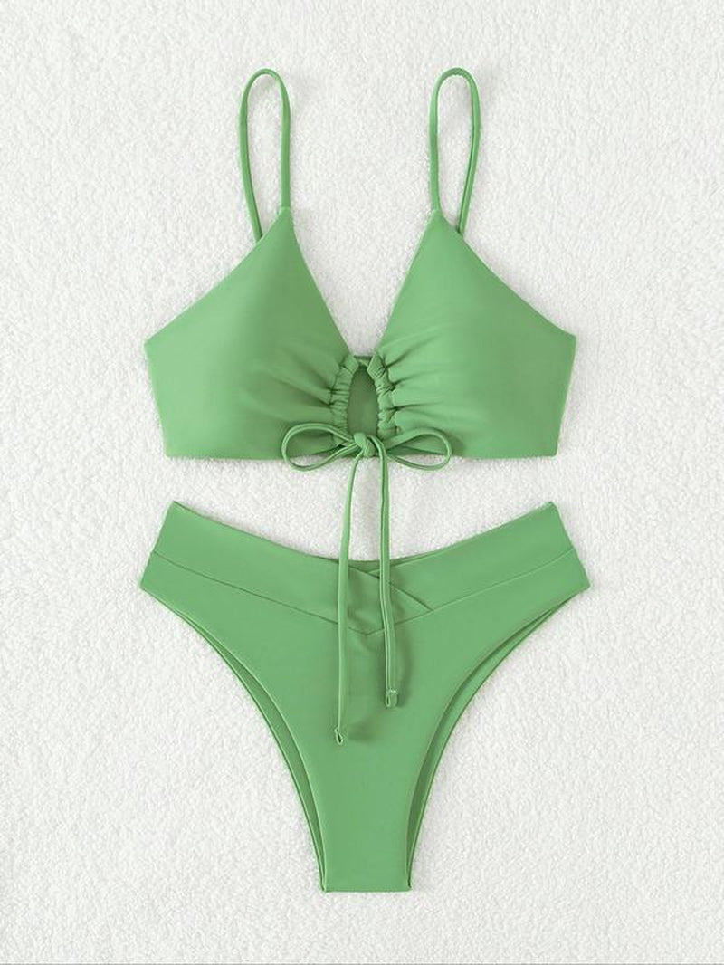 Women'S Solid Drawstring Ruched Wrap Bikinis Set, Adjustable Strap Swim Top & High Cut Swim Bottom, Ladies Swimsuit for Summer Beach Holiday Vacation
