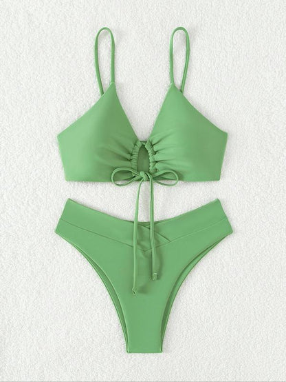 Women'S Solid Drawstring Ruched Wrap Bikinis Set, Adjustable Strap Swim Top & High Cut Swim Bottom, Ladies Swimsuit for Summer Beach Holiday Vacation