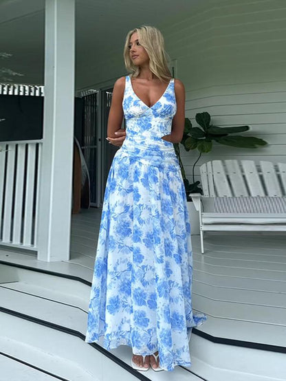 Women Sexy Sleeveless Hollow Out Printed Cami Long Dresses for Party