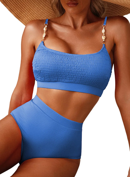 Women'S High Waisted Bikini Sets Shirred Solid Color 2 Piece Bathing Suits for Women Shell Strap High Waisted Swimsuits for Women 2025 Summer Swimwear Blue M