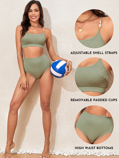 Bathing Suits for Women Swimsuits High Waisted Bikini Sets Shirred Solid Color Scoop Neck Swimming Suits Shell Strap 2025 Summer Beach Swim Suits Swimwear Green L