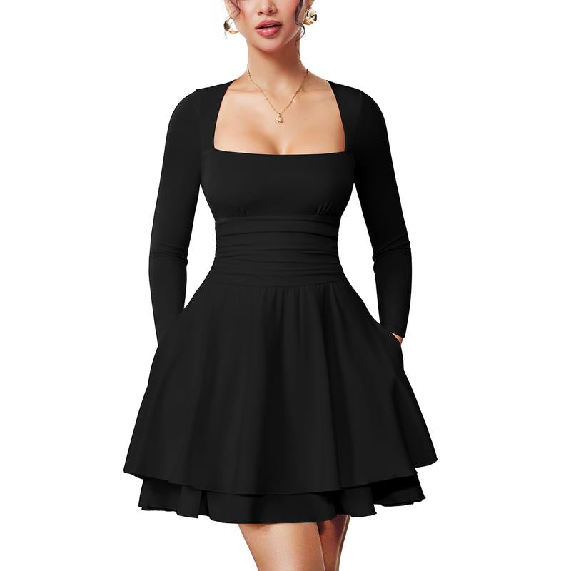 OYS Women'S Square Neck Ruffle Hem Mini Dress Ruched Waist Long Sleeve Corset Short Party Dresses with Pockets