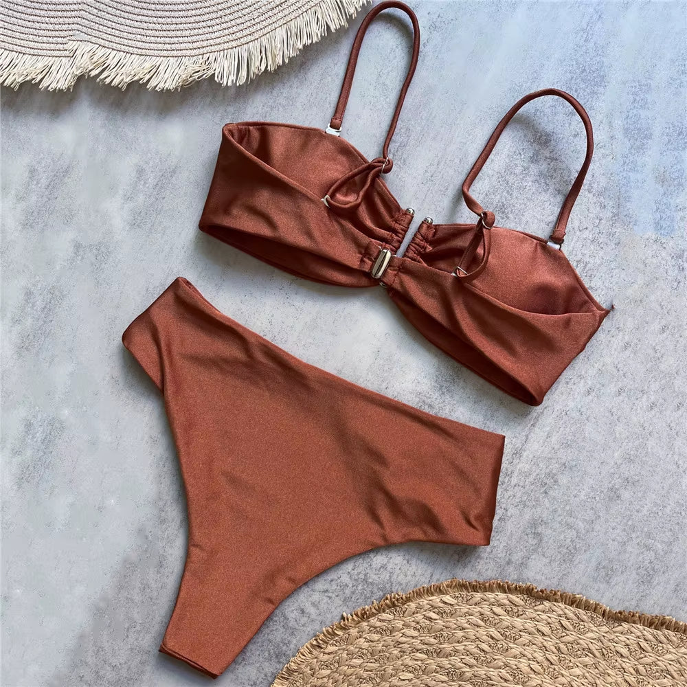 Brown Shiny U Shaped Bikini High Waist Sexy Swimsuit Women 2025 Wrinkled Solid Swimwears Bathing Suit Bandeau Bikinis Sets Mujer