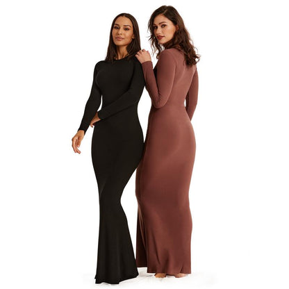 REORIA Women'S Sexy Crew Neck Lounge Long Dress with Fishtail Hem - Machine Washable, Summer Elegant Long Sleeve Ribbed Bodycon Maxi Dresses Spring Layer Casual Womenswear, Elegant & Versatile for Any Occasion