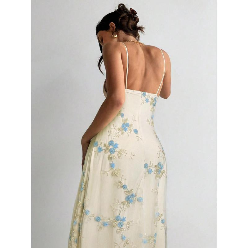 Aloruh Women'S Wedding Season Sexy Elegant Deep V Ruched Bust Embroidered Fitted Waist Romantic Embroidered Maxi Dress Honeymoon Outfits Woman Women Wedding Guest Dress Island Vacation Outfits Look Summer Dresses for Women Wedding Guest Dress Women Sun