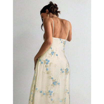 Aloruh Women'S Wedding Season Sexy Elegant Deep V Ruched Bust Embroidered Fitted Waist Romantic Embroidered Maxi Dress Honeymoon Outfits Woman Women Wedding Guest Dress Island Vacation Outfits Look Summer Dresses for Women Wedding Guest Dress Women Sun