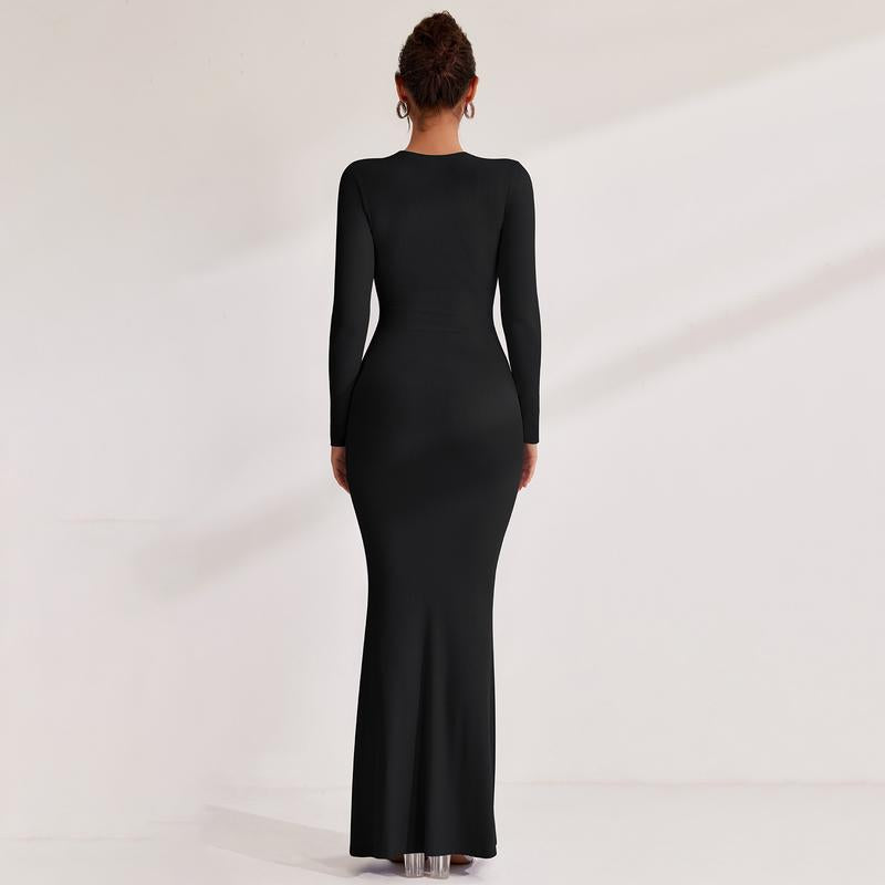 REORIA Women'S Sexy Crew Neck Lounge Long Dress with Fishtail Hem - Machine Washable, Summer Elegant Long Sleeve Ribbed Bodycon Maxi Dresses Spring Layer Casual Womenswear, Elegant & Versatile for Any Occasion