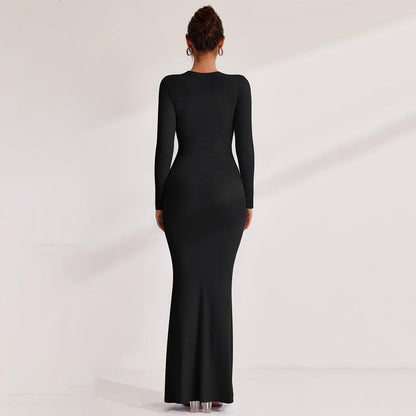 REORIA Women'S Sexy Crew Neck Lounge Long Dress with Fishtail Hem - Machine Washable, Summer Elegant Long Sleeve Ribbed Bodycon Maxi Dresses Spring Layer Casual Womenswear, Elegant & Versatile for Any Occasion