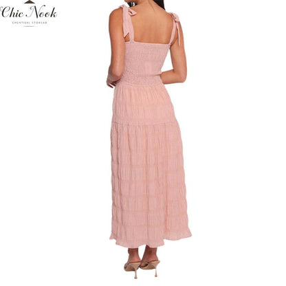 Women Long Dress Solid Color Ruched Tie-Up Straps Cami Dress Summer Fashion Sleeveless Casual Dress