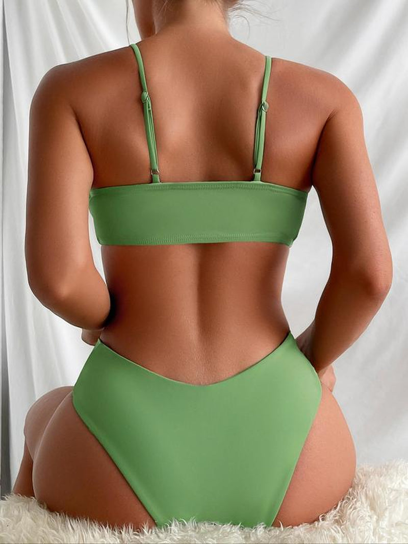 Women'S Solid Drawstring Ruched Wrap Bikinis Set, Adjustable Strap Swim Top & High Cut Swim Bottom, Ladies Swimsuit for Summer Beach Holiday Vacation