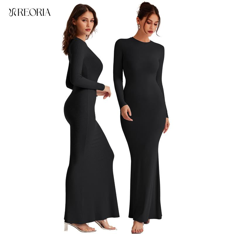 REORIA Women'S Sexy Crew Neck Lounge Long Dress with Fishtail Hem - Machine Washable, Summer Elegant Long Sleeve Ribbed Bodycon Maxi Dresses Spring Layer Casual Womenswear, Elegant & Versatile for Any Occasion