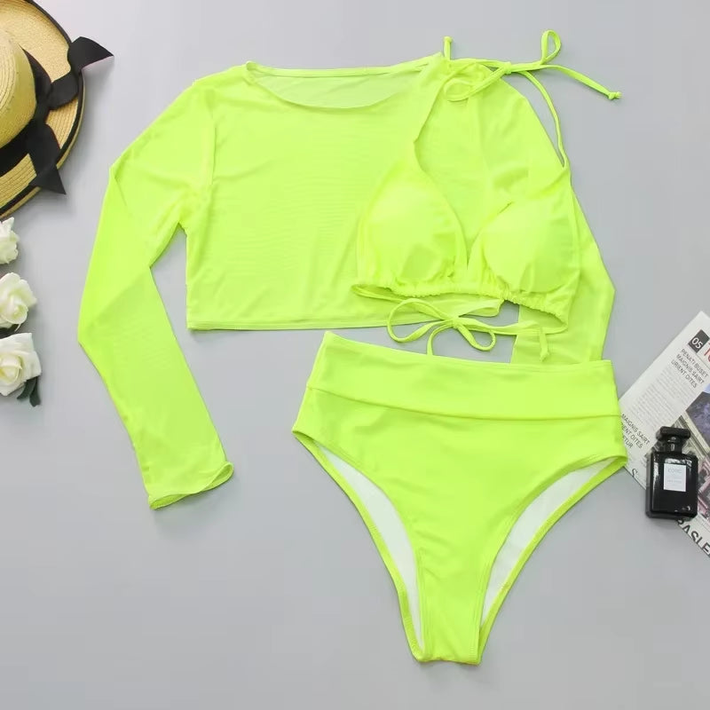 Sexy Neon Orange Bikini 2023 Women Long Sleeve Mesh Cover up 3 Piece Swimsuit High Cut Push up Bathing Suit High Waist Swimwear