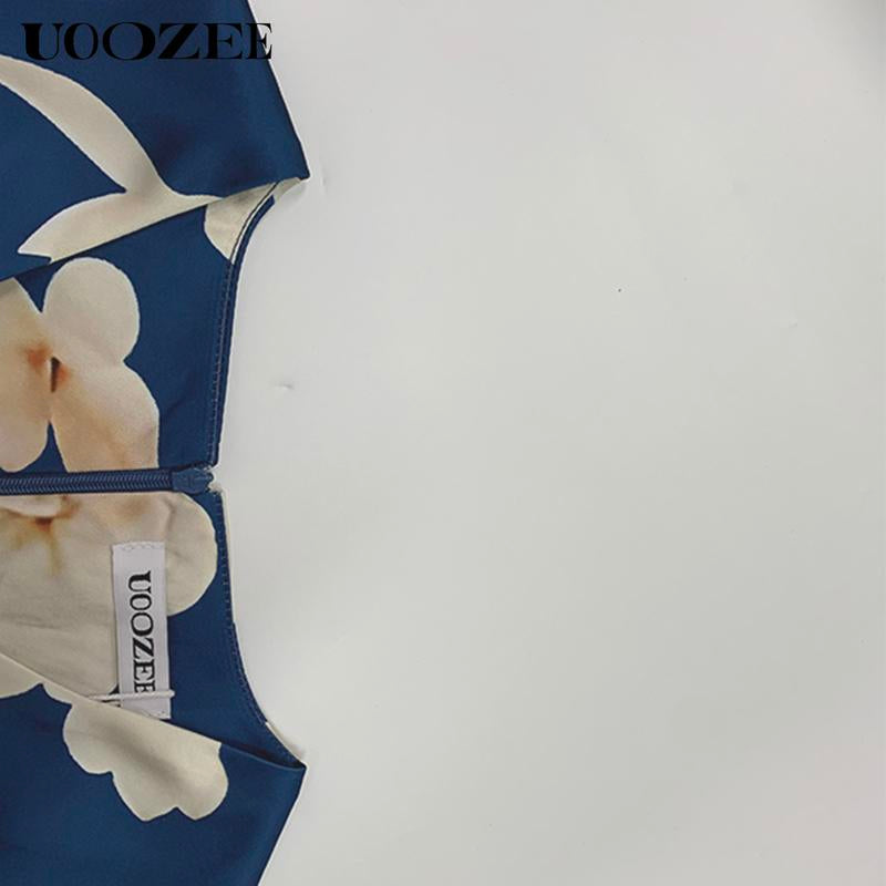 UOOZEE High-End Satin Print Dress for Women'S Fashion, Deep V-Neck, Cinched Waist, Slimming Lantern Sleeves, Temperament, Commuting Mid Length, Hip Hugging Skirt