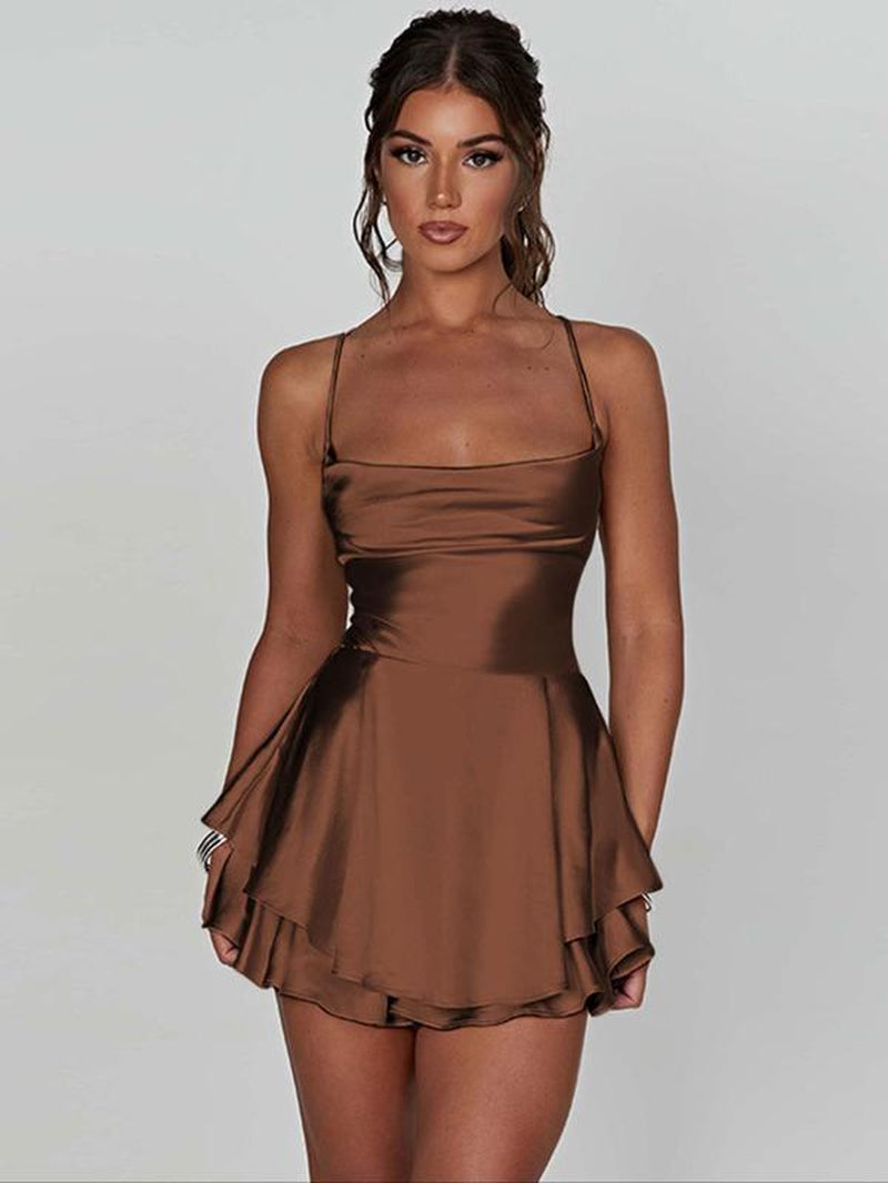 Women'S Plain Lace up Backless Tiered Layer Satin Cami Dress, Summer Clothes Women, Elegant Cowl Neck Sleeveless a Line Short Dress for Party Holiday Wedding Guest, Dresses for Women