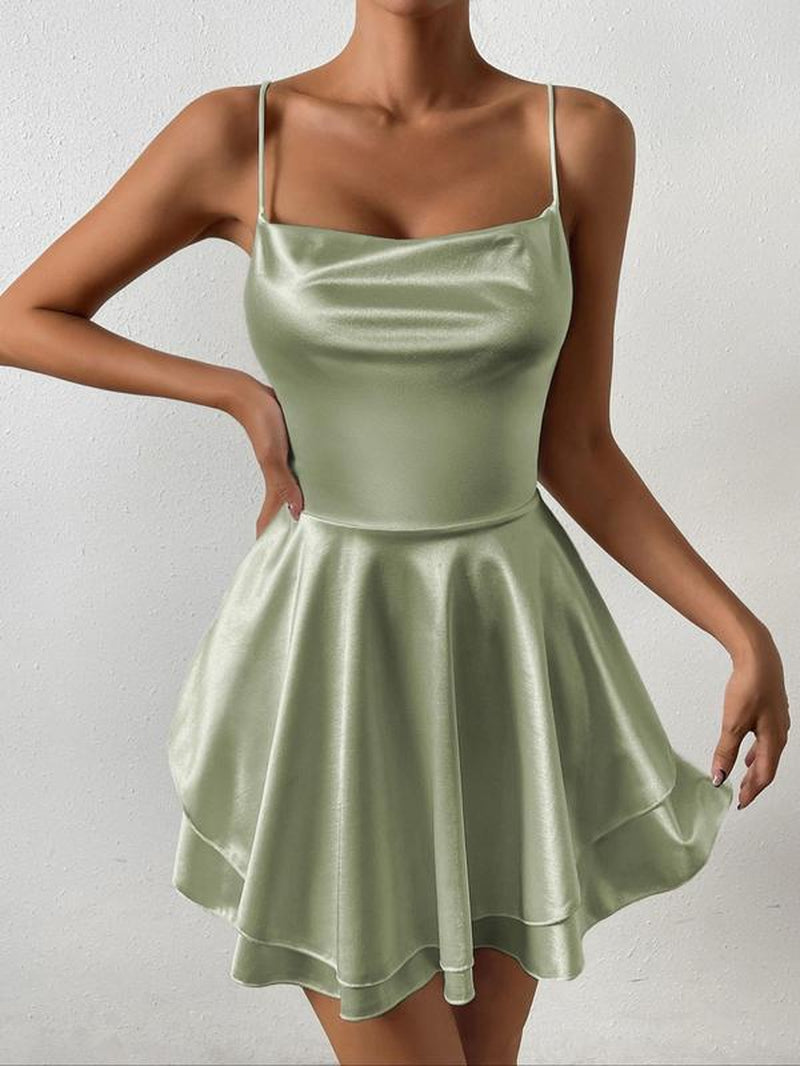 Women'S Plain Lace up Backless Tiered Layer Satin Cami Dress, Summer Clothes Women, Elegant Cowl Neck Sleeveless a Line Short Dress for Party Holiday Wedding Guest, Dresses for Women