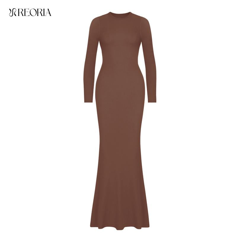 REORIA Women'S Sexy Crew Neck Lounge Long Dress with Fishtail Hem - Machine Washable, Summer Elegant Long Sleeve Ribbed Bodycon Maxi Dresses Spring Layer Casual Womenswear, Elegant & Versatile for Any Occasion