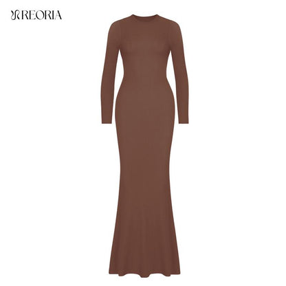 REORIA Women'S Sexy Crew Neck Lounge Long Dress with Fishtail Hem - Machine Washable, Summer Elegant Long Sleeve Ribbed Bodycon Maxi Dresses Spring Layer Casual Womenswear, Elegant & Versatile for Any Occasion