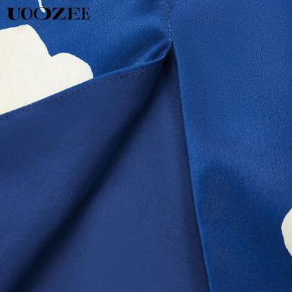 UOOZEE High-End Satin Print Dress for Women'S Fashion, Deep V-Neck, Cinched Waist, Slimming Lantern Sleeves, Temperament, Commuting Mid Length, Hip Hugging Skirt